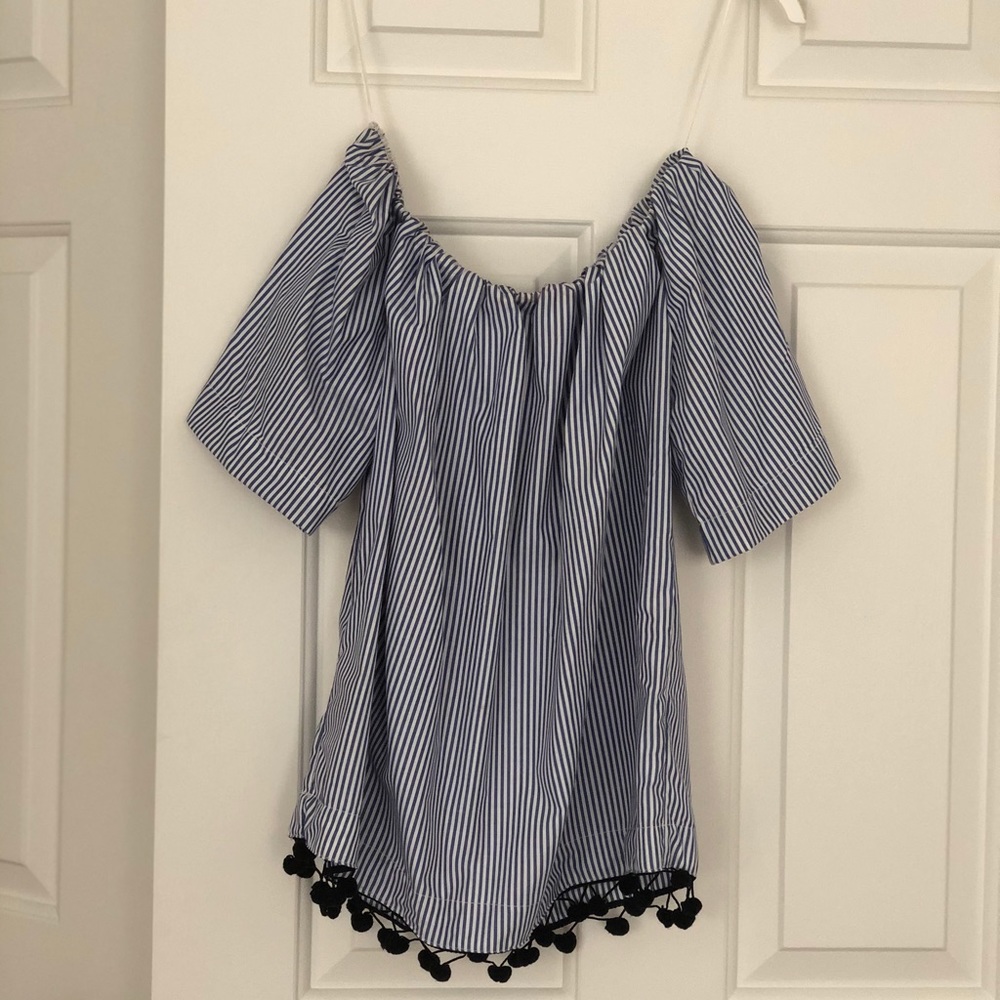 Style Envy Strapless striped shirt with Pom Poms